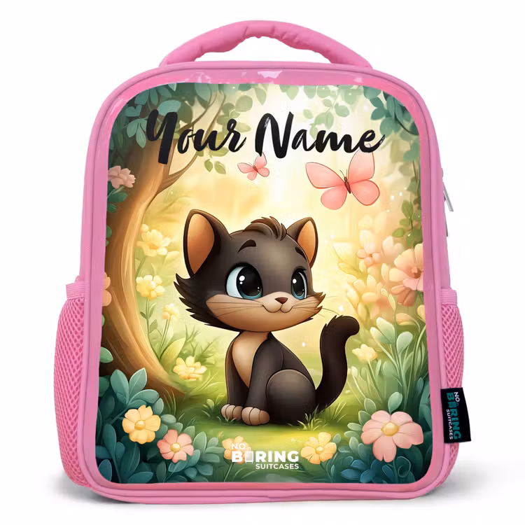 Kids backpack with name - Pink - Cat - Butterfly - Flowers — 1