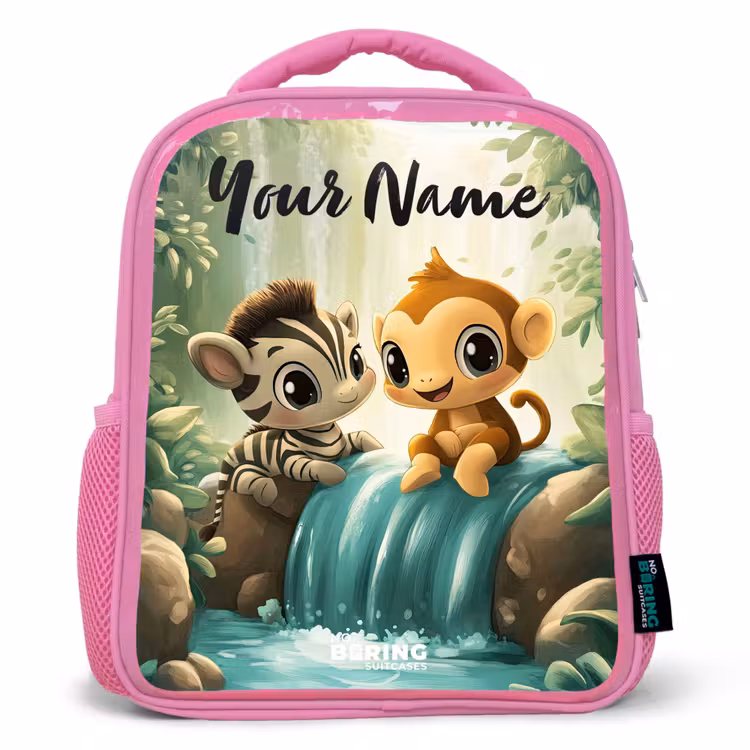 Kids backpack with name - Pink - Zebra - Monkey - Waterfall - Rocks — 1
