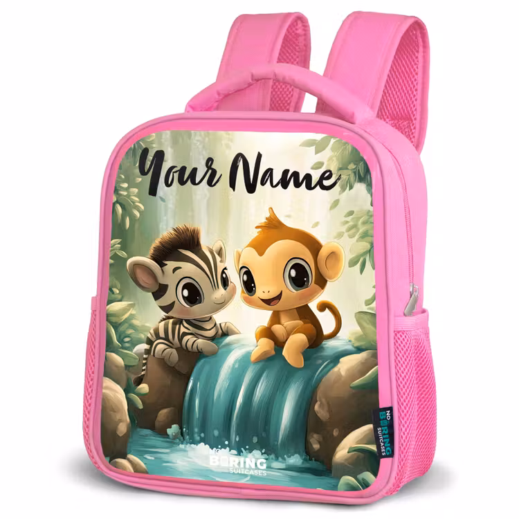 Kids backpack with name - Pink - Zebra - Monkey - Waterfall - Rocks — 4