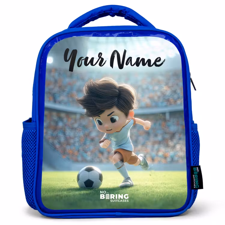 Kids backpack with name - Blue - Boy - Soccer - Stadium - Sunlight — 1