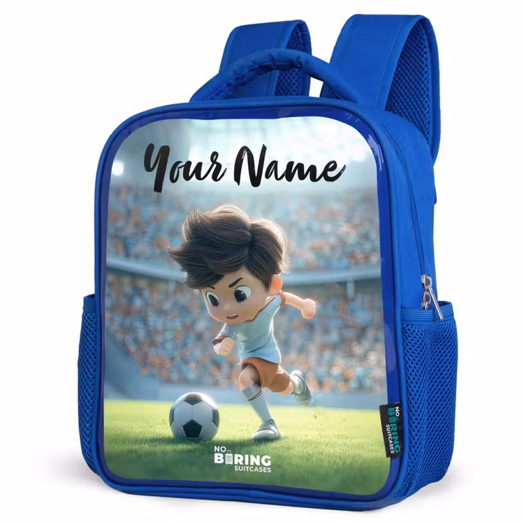 Kids backpack with name - Blue - Boy - Soccer - Stadium - Sunlight — 3