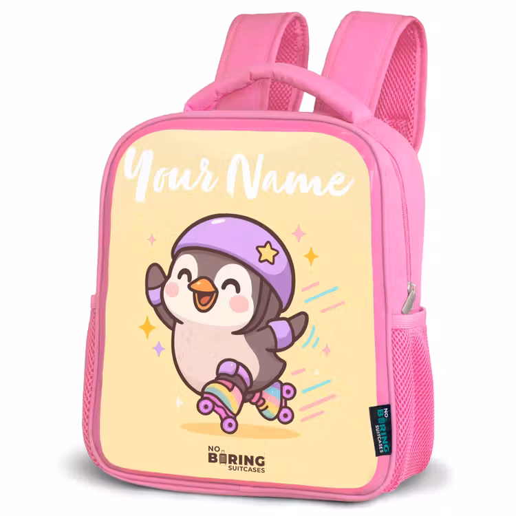 Kids backpack with name - Pink - Kawai - Penguin - Roller skates — 4