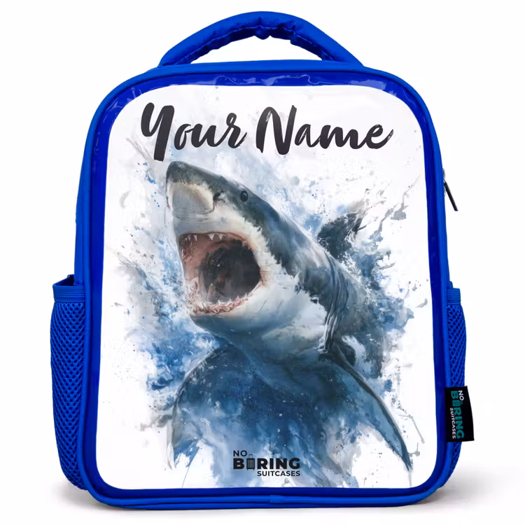 Kids backpack - Blue - Attacking shark in watercolor — 1