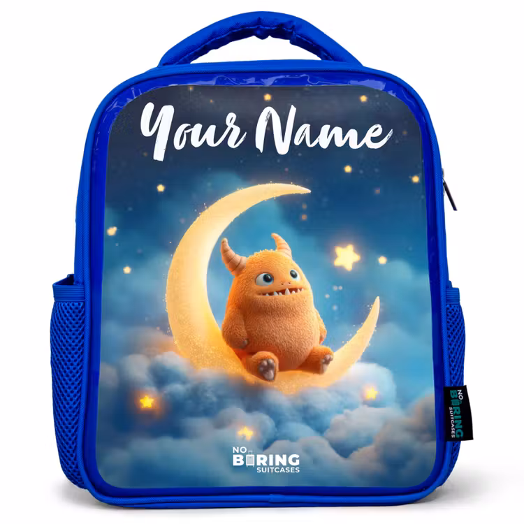 Kids backpack - Blue - Orange monster on crescent moon — 1
