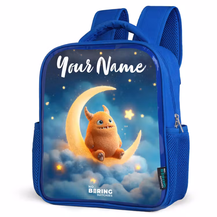 Kids backpack - Blue - Orange monster on crescent moon — 3