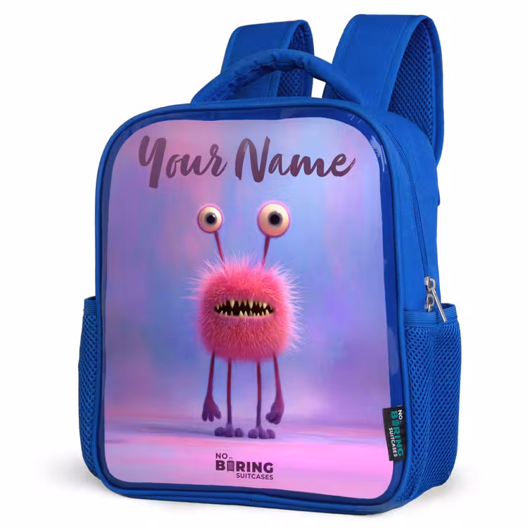 Kids backpack - Blue - Pink furry monster with big eyes — 3