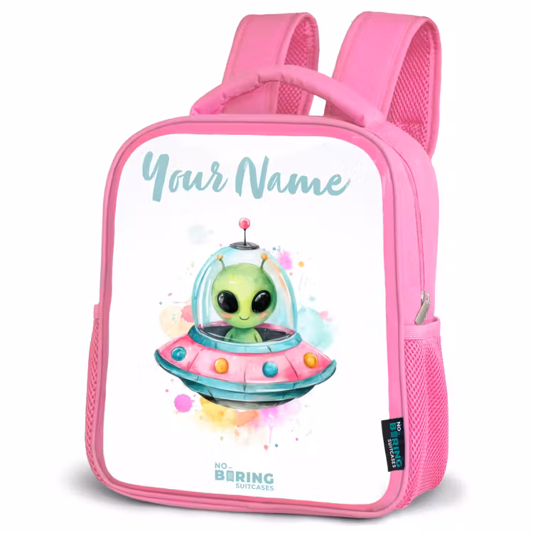 Kids backpack - Pink - Green alien in colorful UFO — 4