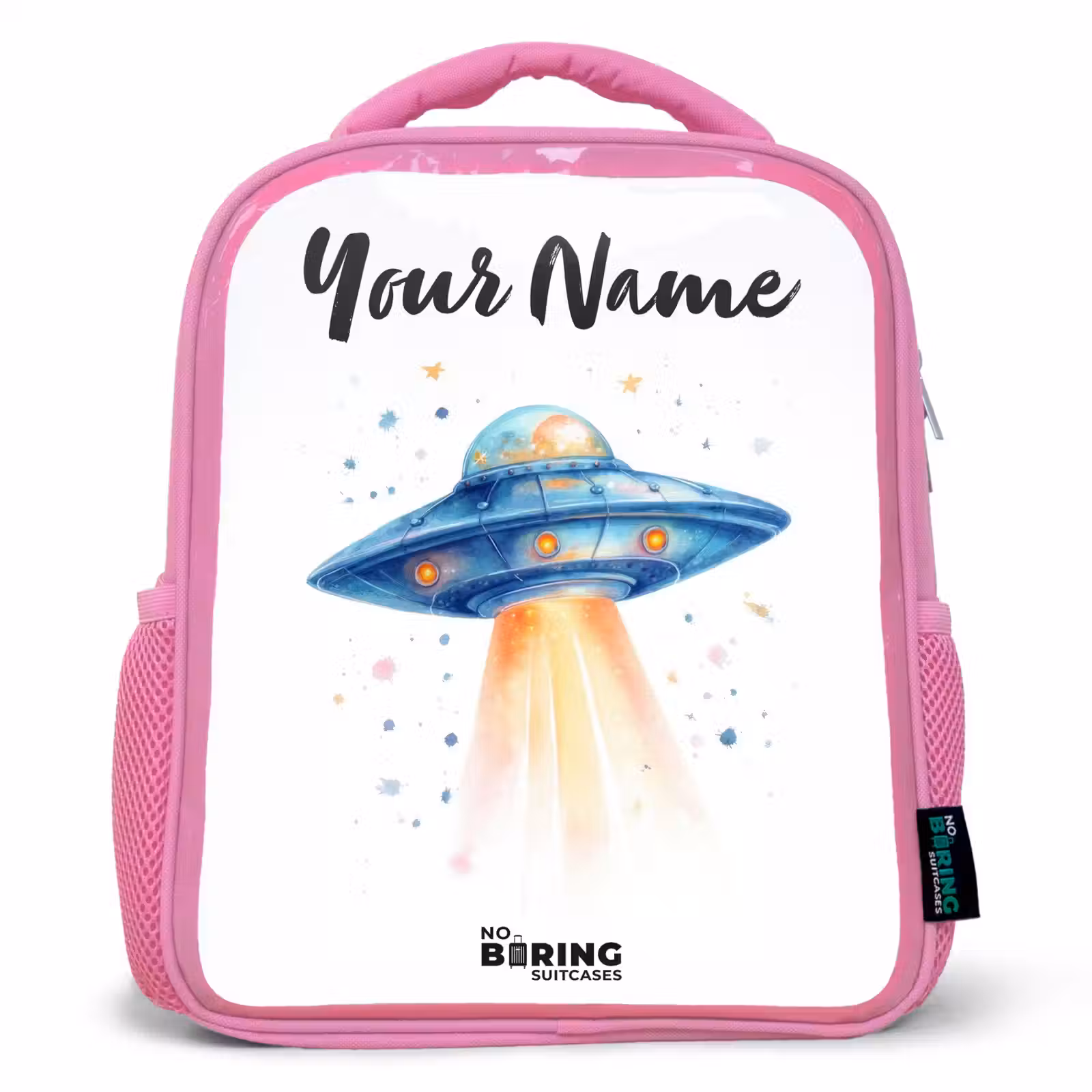 Kids backpack - Pink - Blue spaceship with beam of light — 1