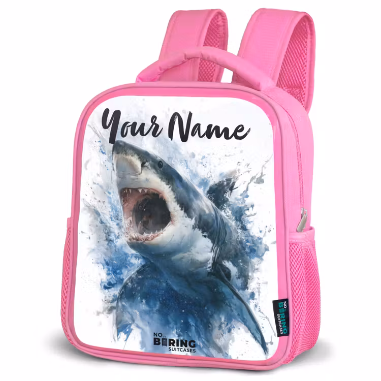 Kids backpack - Pink - Attacking shark in watercolor — 4