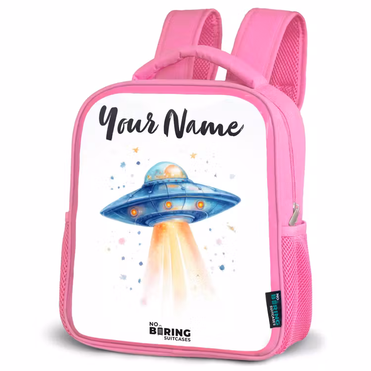 Kids backpack - Pink - Blue spaceship with beam of light — 4