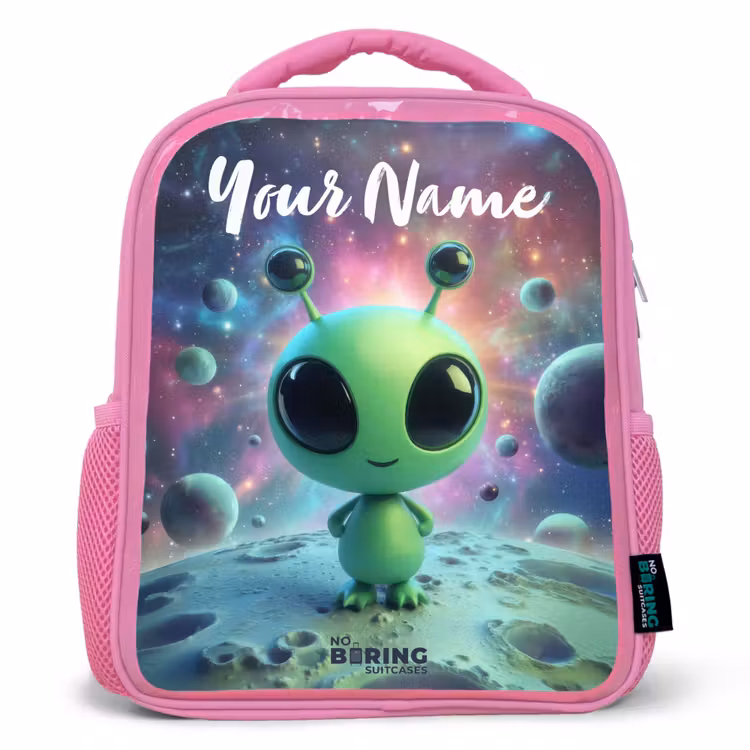 Kids backpack - Pink - Green alien creature on lunar landscape — 1