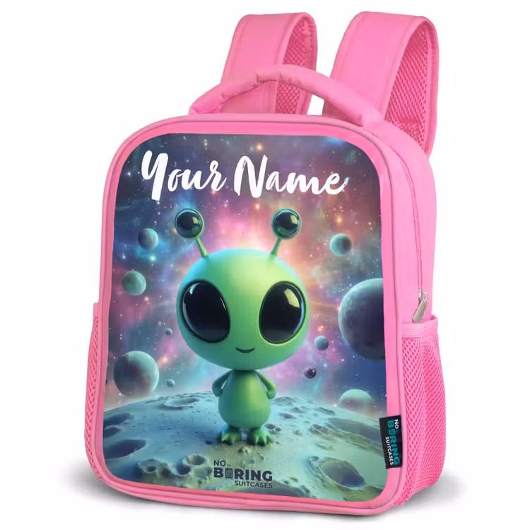 Kids backpack - Pink - Green alien creature on lunar landscape — 4