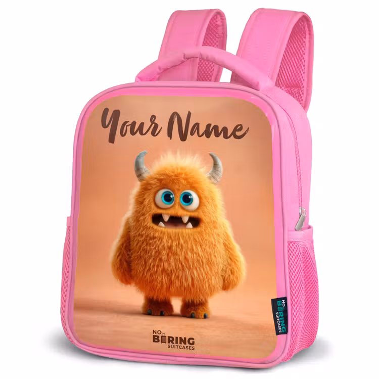 Kids backpack - Pink - Orange Fluffy Monster with Horns — 4