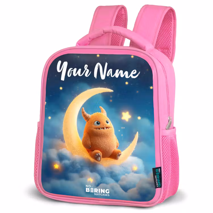 Kids backpack - Pink - Orange monster on crescent moon — 4