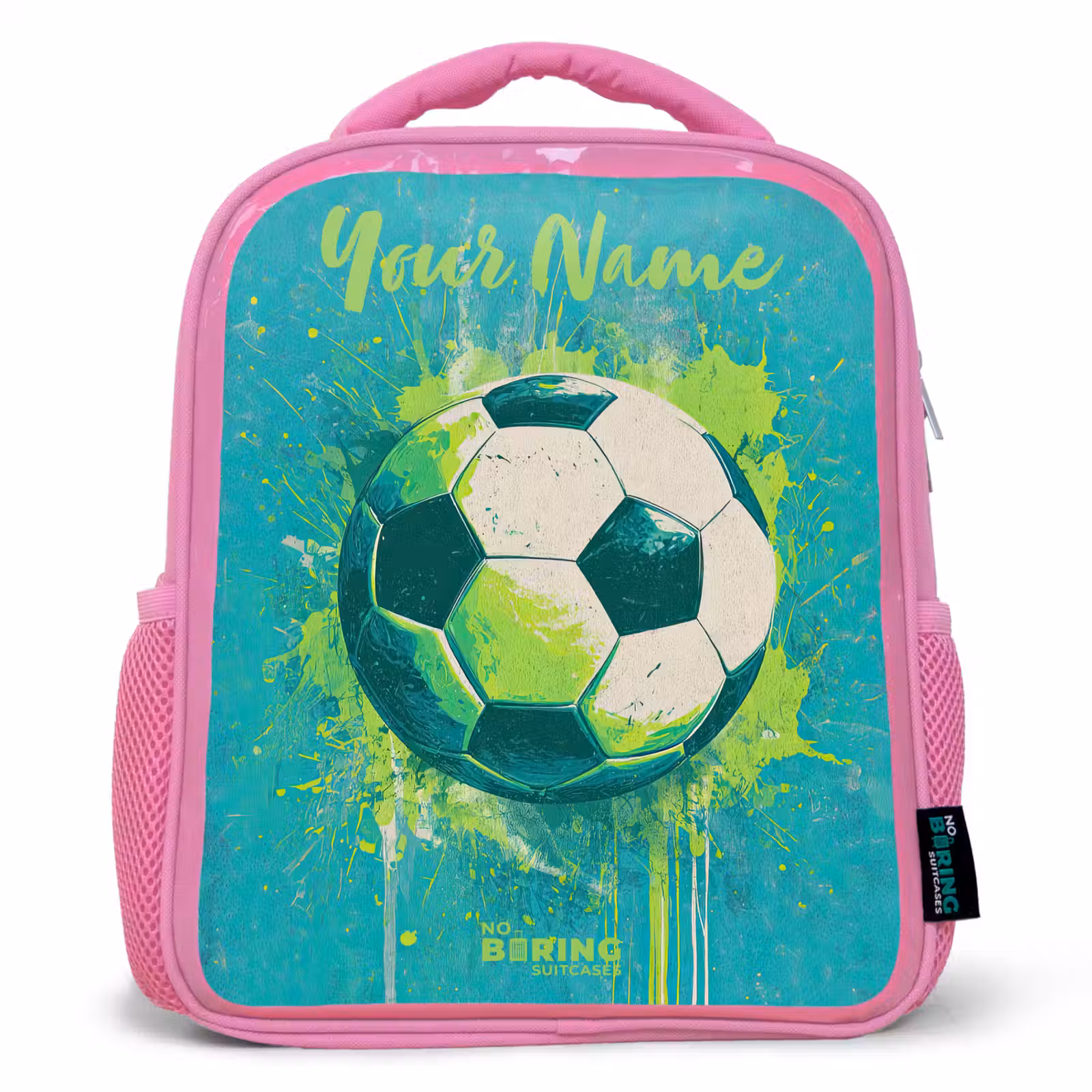 Kids backpack with name - Pink - Soccer vibes - Paint splashes - Green - Blue — 1