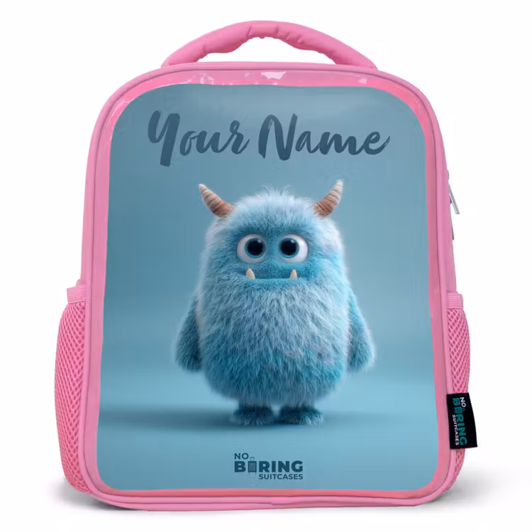 Kids backpack - Pink - Blue fluffy monster with horns — 1