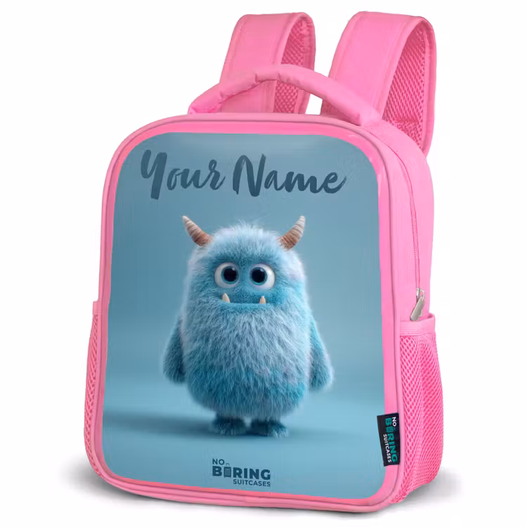 Kids backpack - Pink - Blue fluffy monster with horns — 4