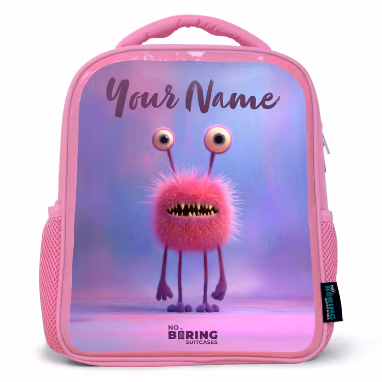 Kids backpack - Pink - Pink furry monster with big eyes — 1