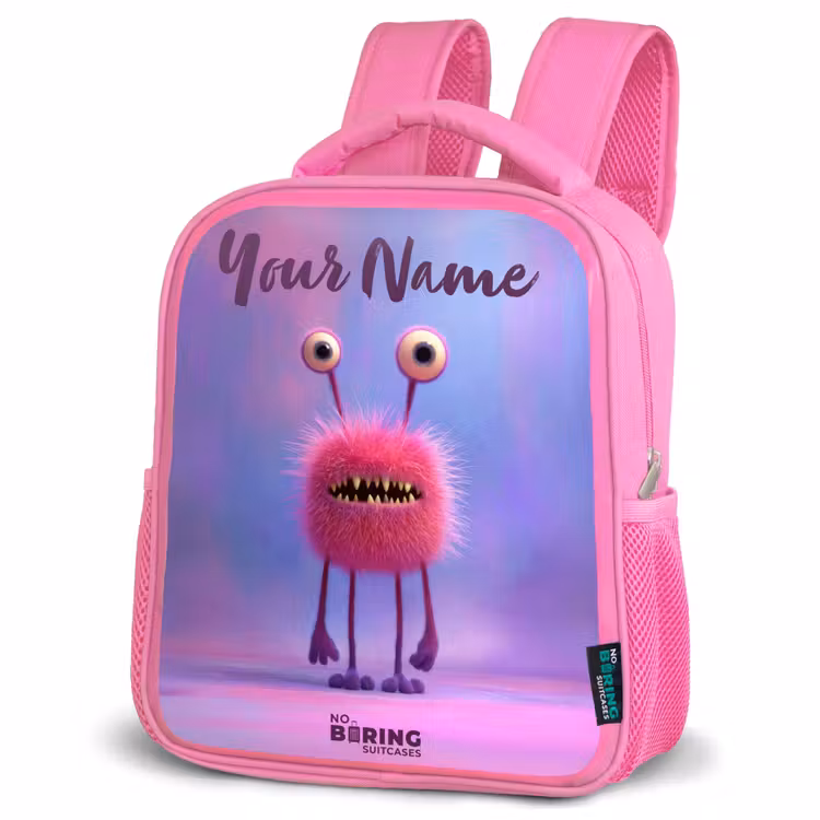 Kids backpack - Pink - Pink furry monster with big eyes — 4