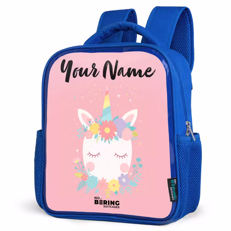 Kids backpack with name - Blue - Unicorn - Flowers - Pink — 3