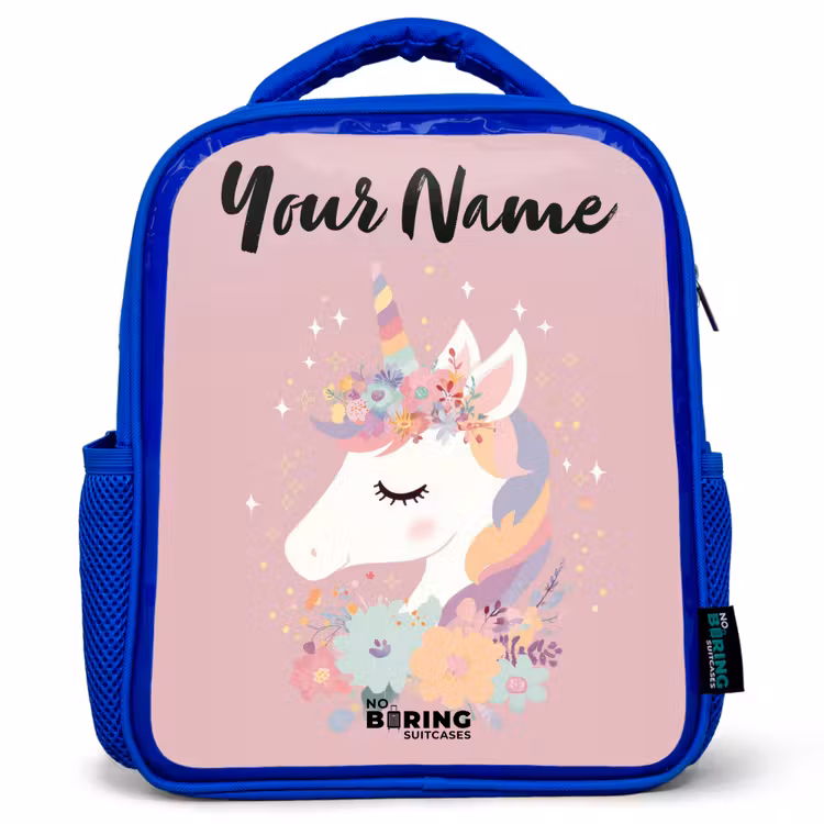 Kids backpack with name - Blue - Unicorn - Pink - Flowers — 1