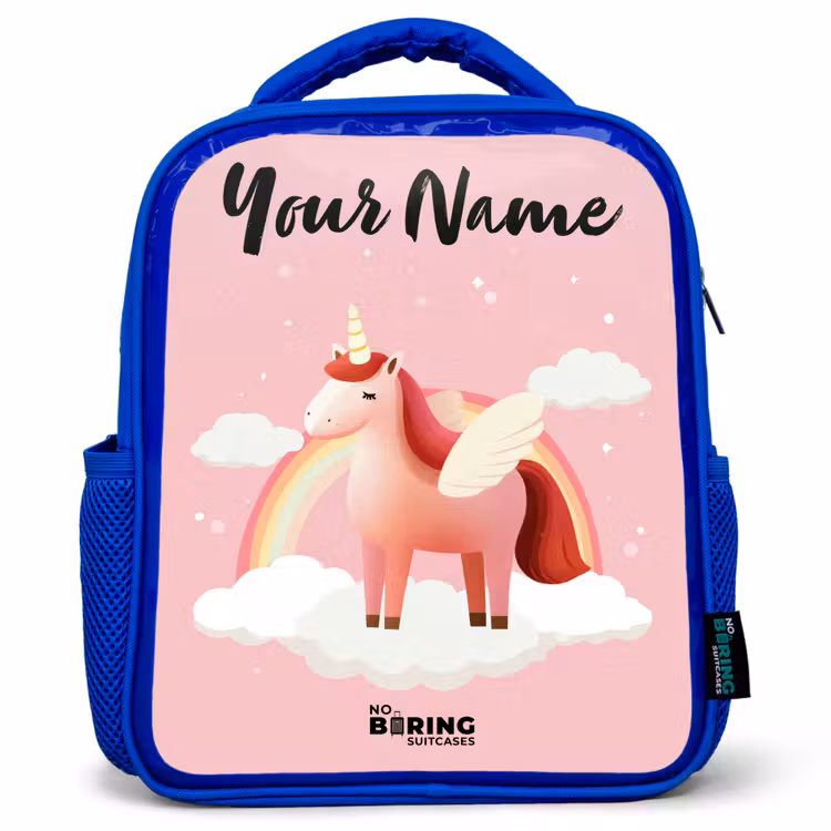 Kids backpack with name - Blue - Unicorn - Wings - Pink - Rainbow — 1