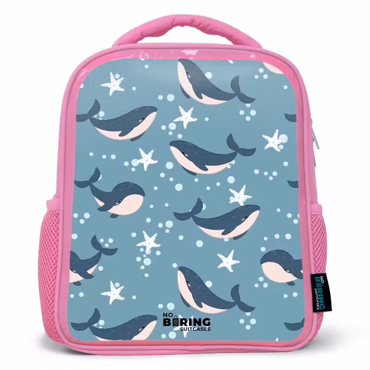 Kids backpack - Pink - Whales with starfish pattern blue — 1
