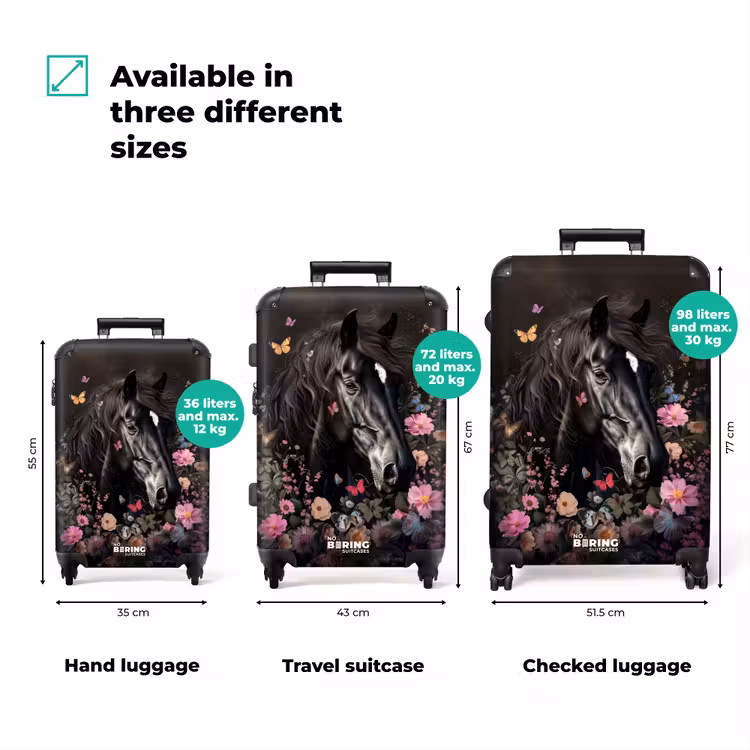 Suitcase - Black horse with white blaze and colorful flowers — 3