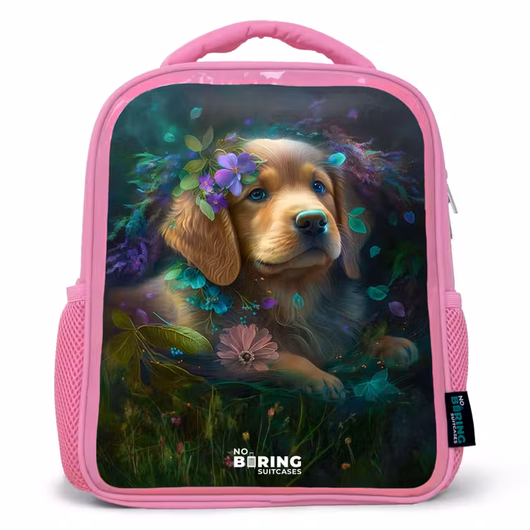 Kids backpack - Pink - Brown dog among flowers — 1