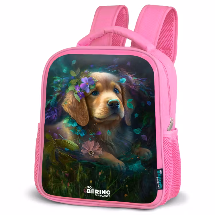 Kids backpack - Pink - Brown dog among flowers — 4