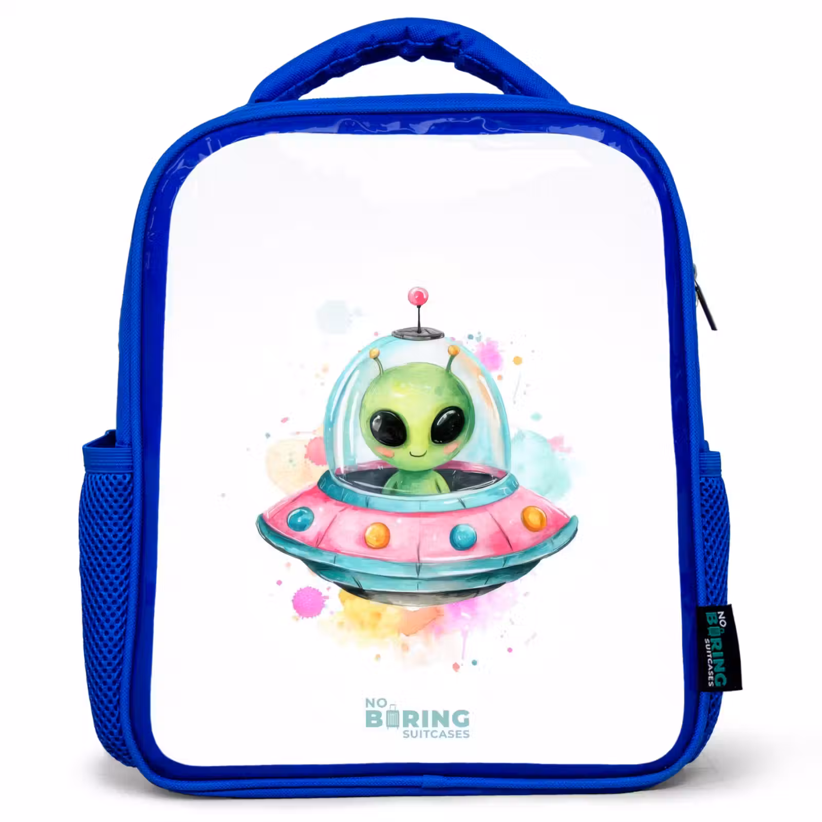 Kids backpack with name - Blue - Green alien in colorful UFO — 1