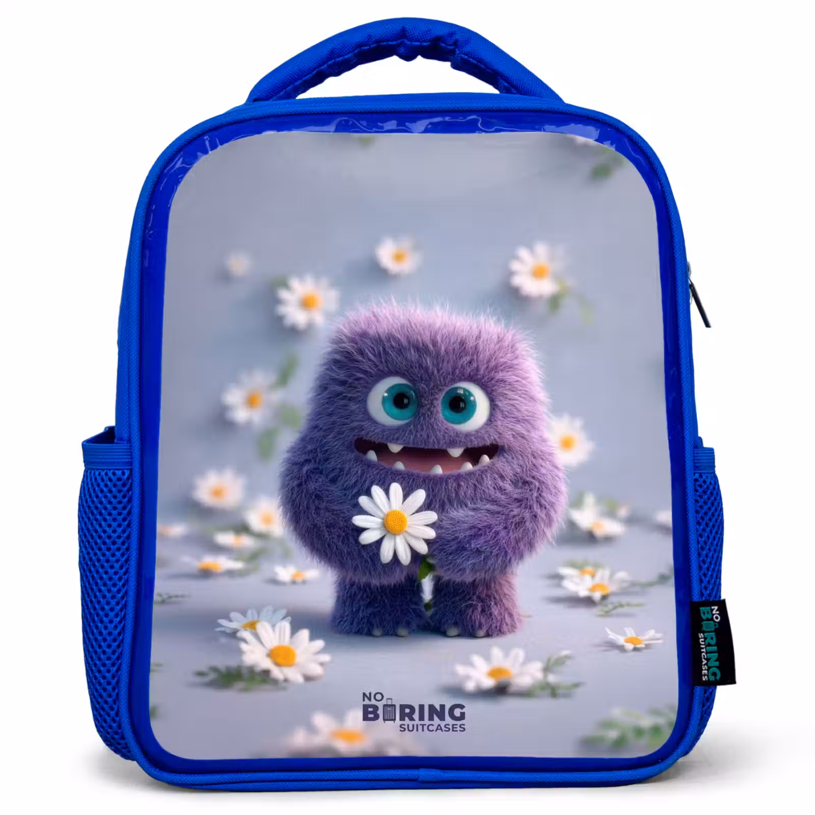 Kids backpack with name - Blue - Purple Fluffy Friend with Daisy — 1