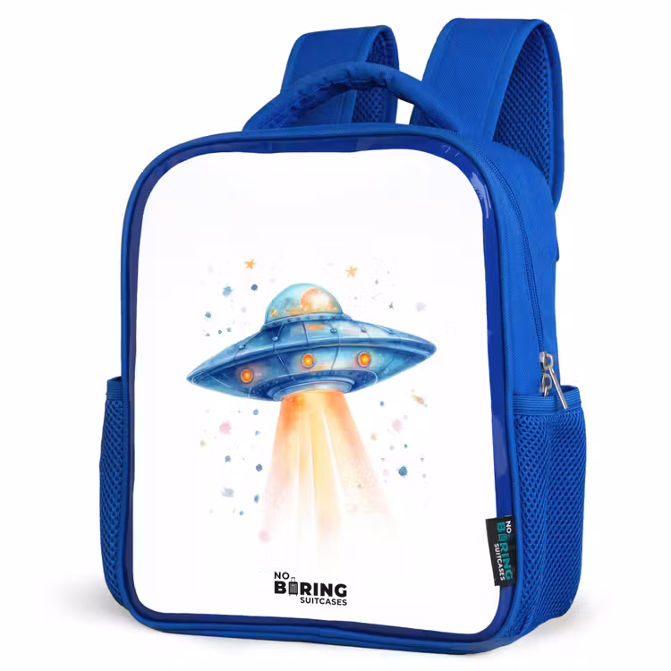 Kids backpack with name - Blue - Blue spaceship with beam of light — 3