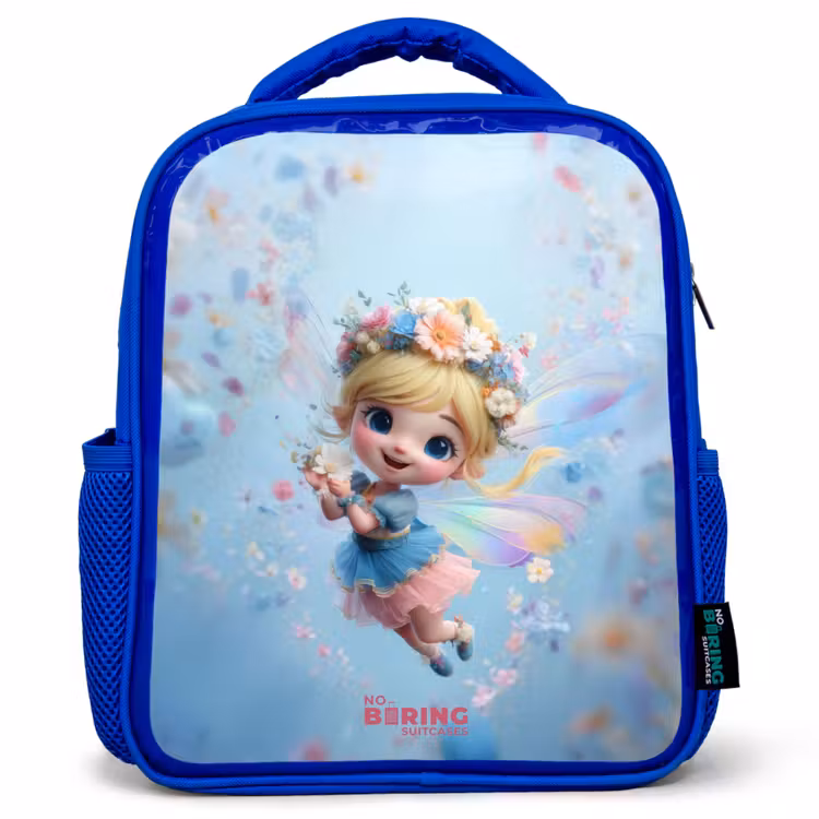 Kids backpack with name - Blue - Butterfly Fairy in Flower Air — 1
