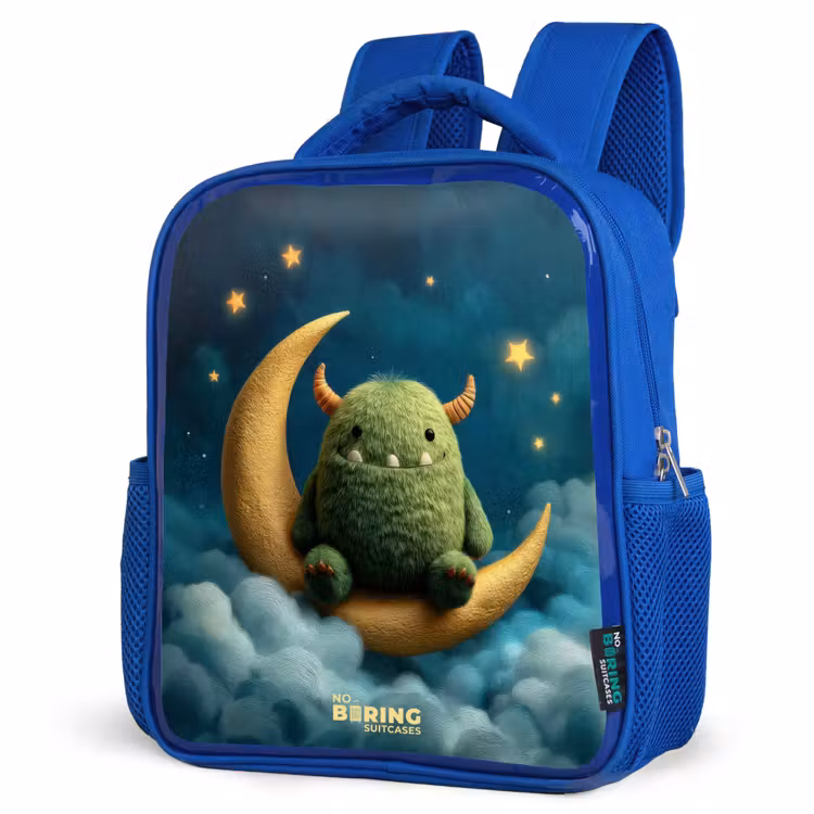 Kids backpack with name - Blue - Green monster on crescent moon — 3