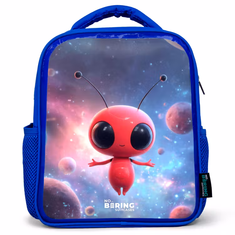 Kids backpack with name - Blue - Red Space Being in Cosmic Dance — 1