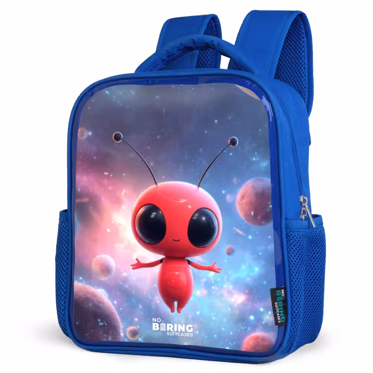 Kids backpack with name - Blue - Red Space Being in Cosmic Dance — 3