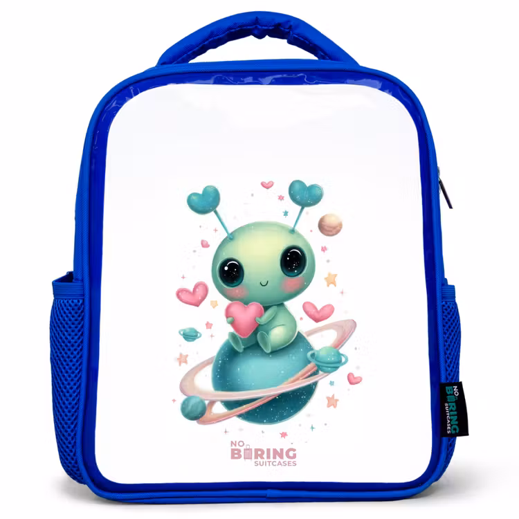 Kids backpack with name - Blue - Sweet alien creature with heart — 1