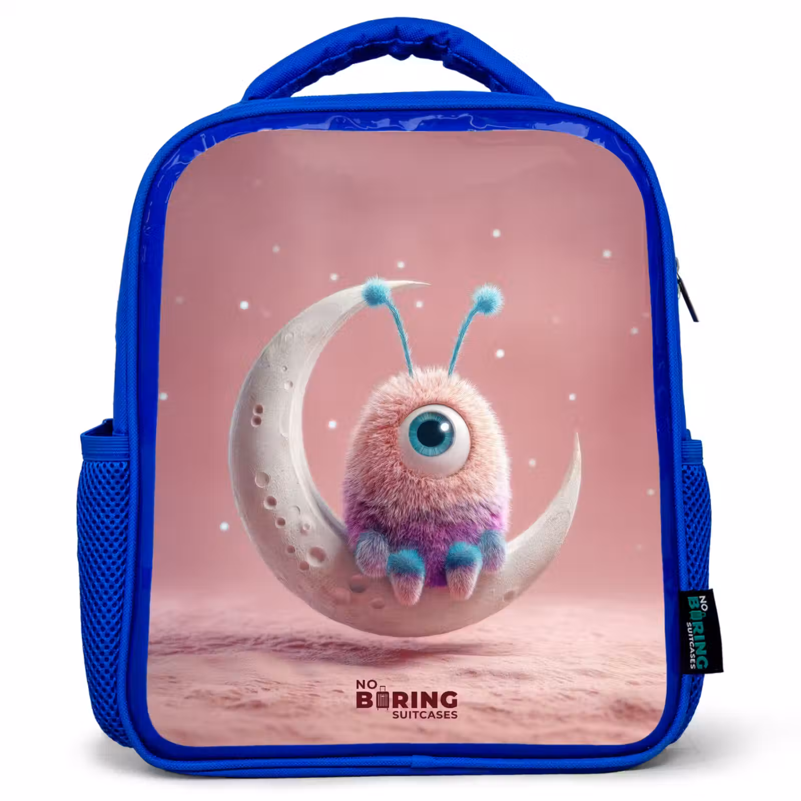 Kids backpack with name - Blue - Moon rocker with Fluffy Weasel — 1