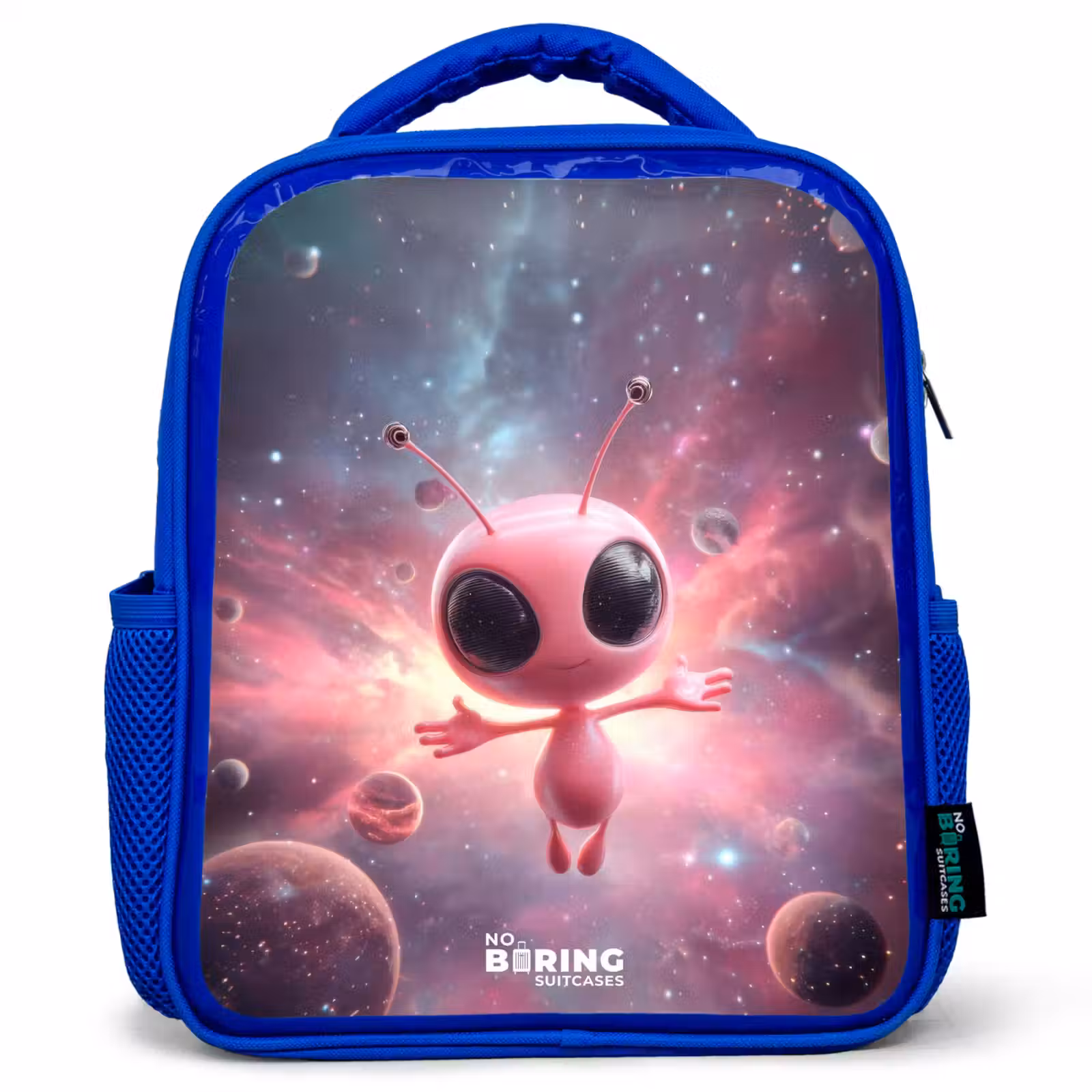 Kids backpack with name - Blue - Pink Alien in Star Nebula — 1