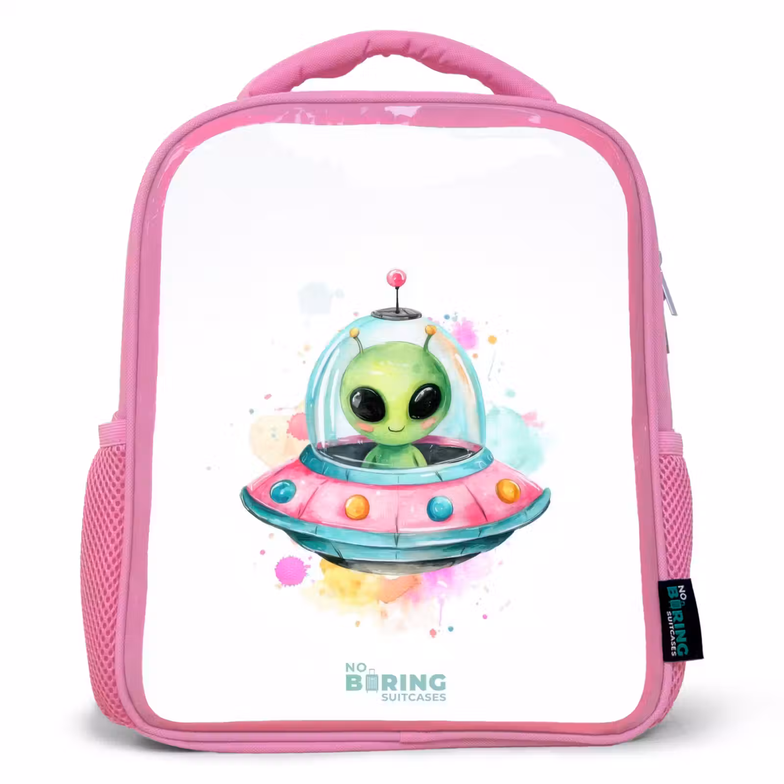 Kids backpack with name - Pink - Green alien in colorful UFO — 1