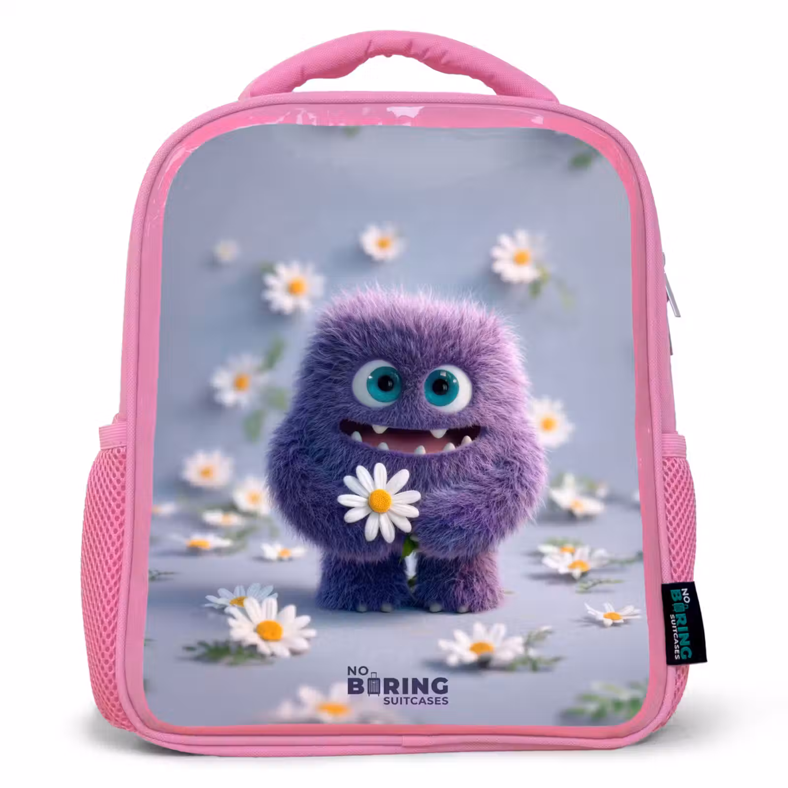 Kids backpack with name - Pink - Purple Fluffy Friend with Daisy — 1