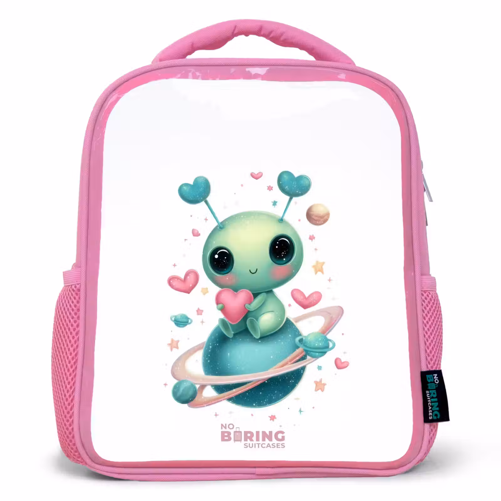 Kids backpack with name - Pink - Sweet alien creature with heart — 1