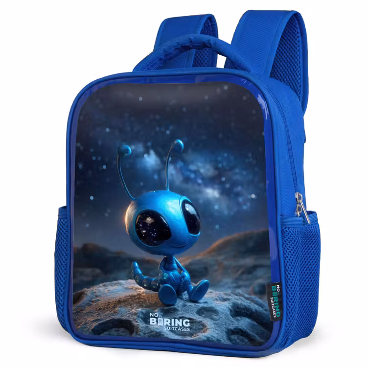 Kids backpack with name - Blue - Blue alien creature under starry sky — 3