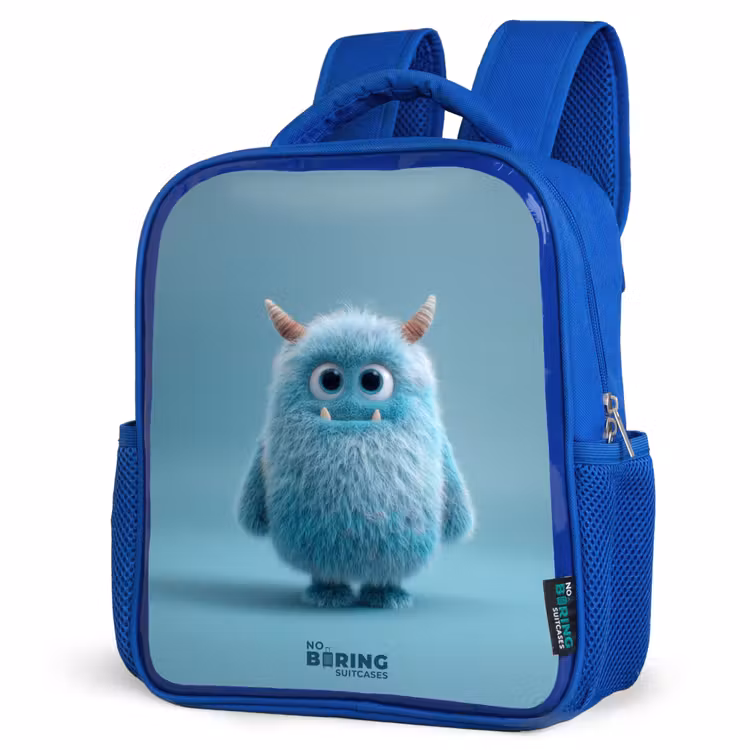 Kids backpack with name - Blue - Blue fluffy monster with horns — 3