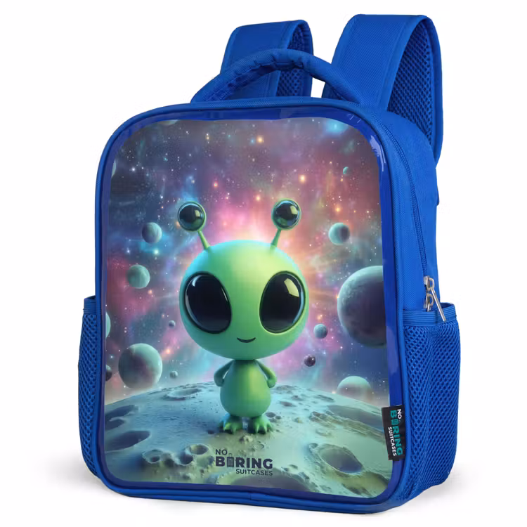 Kids backpack with name - Blue - Green alien creature on lunar landscape — 3