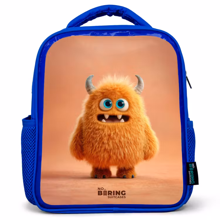 Kids backpack with name - Blue - Orange Fluffy Monster with Horns — 1