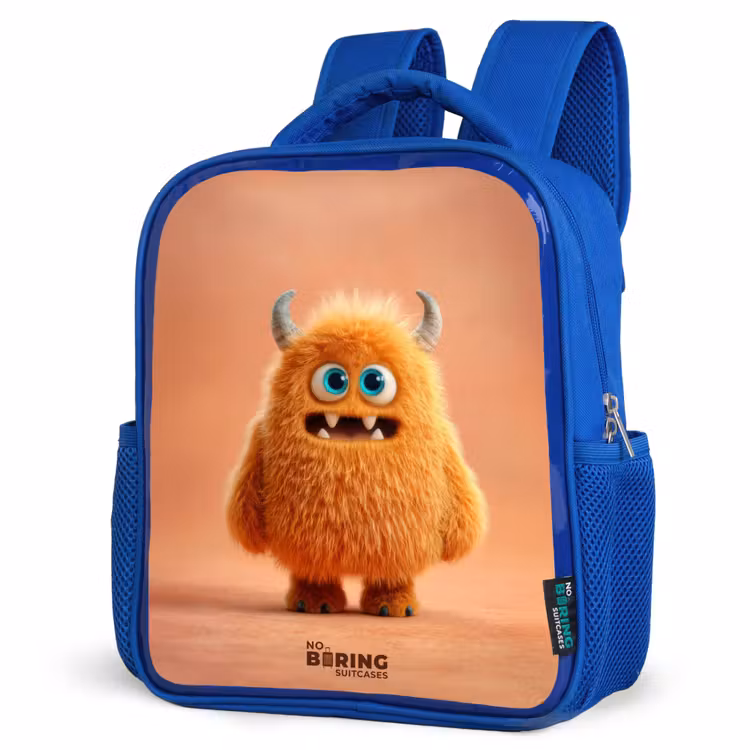 Kids backpack with name - Blue - Orange Fluffy Monster with Horns — 3