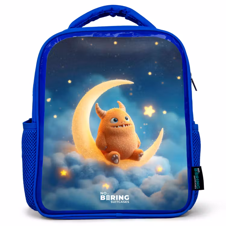 Kids backpack with name - Blue - Orange monster on crescent moon — 1
