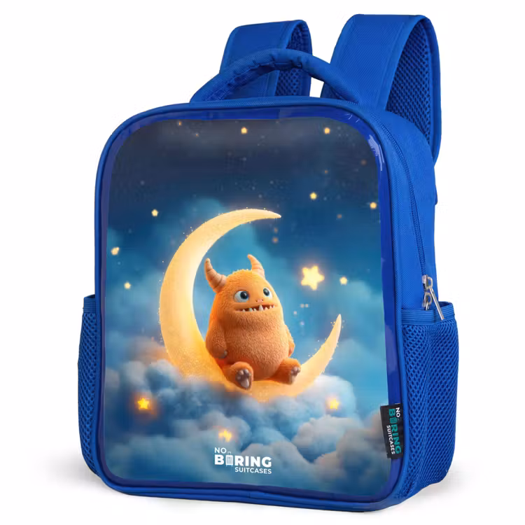 Kids backpack with name - Blue - Orange monster on crescent moon — 3
